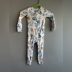Children's White Zip Footed Pajamas with Blue and Orange Character Prints